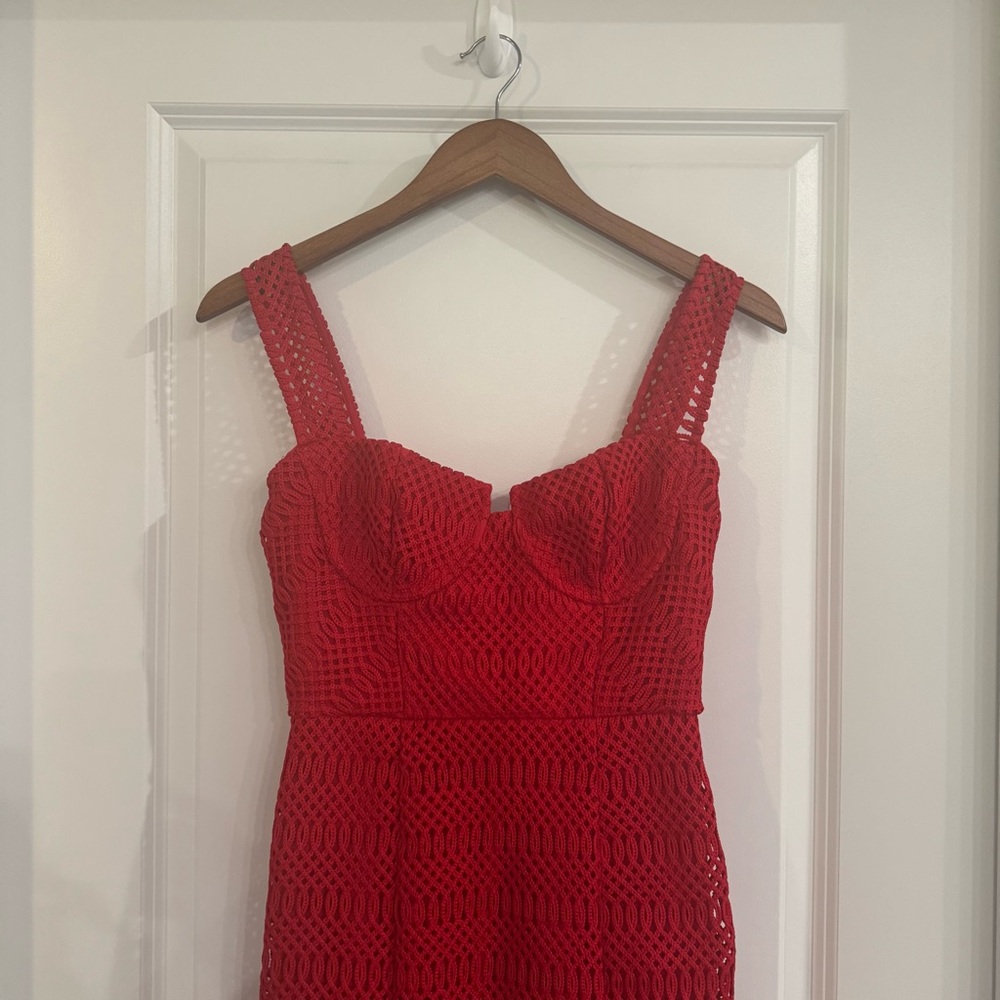 Self Portait Lattice Lace Midi Dress in Red - Picture 4 of 16
